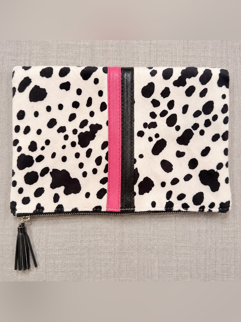 Black White Dalmatian Collection Clutch Pink Stripe Foldover Purse with Tassel - Picture 4 of 10